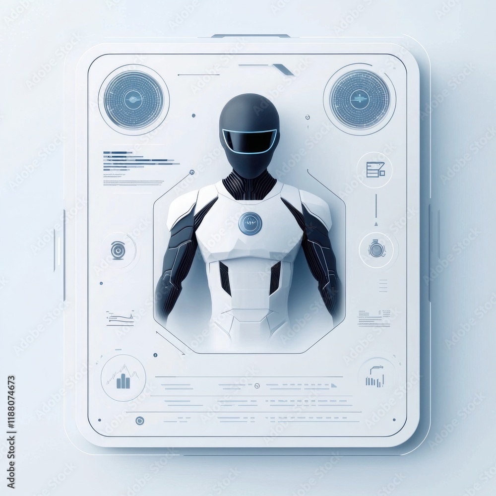Poster a square composition featuring a high-tech digital interface with floating holographic buttons