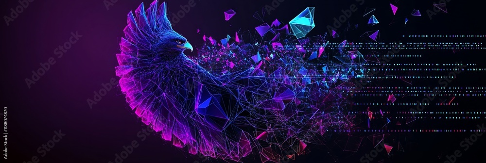 Poster abstract polygonal eagle with glowing wings and digital code.
