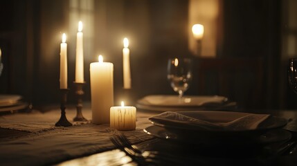 Romantic Candlelit Dinner Table Setting with Soft Ambient Lighting