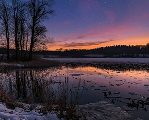 Northern lights cast emerald and purple hues over an ice lagoon, with reflections and a starry sky creating an ethereal scene
