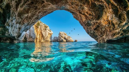 Naklejka premium Serene Seascape Through Natural Arch with Crystal Clear Water