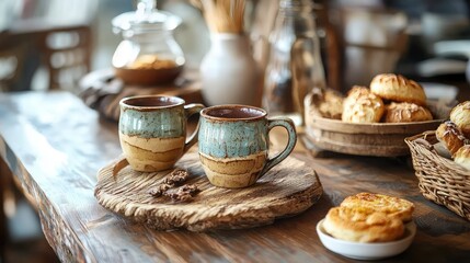 Fototapeta premium Cozy Coffee Moment with Handcrafted Mugs and Fresh Pastries
