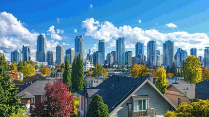 Obraz premium Skyline View of Modern City with Towering Skyscrapers and Trees