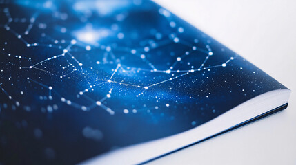 blue and white constellation notebook cover close up -  space and astronomy themed book - knowledge and innovation concept