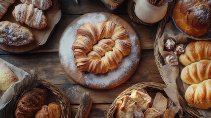 A delectable array of freshly baked pastries, croissants, and bread, artfully arranged on a rustic wooden table, capturing the essence of a charming bakery.