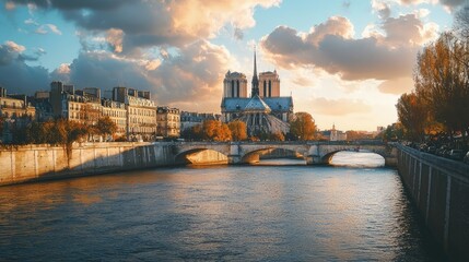 Fototapeta premium Serene Waters at Sunset Near Historic Cathedral in Paris, France