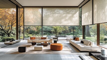 Modern living room, garden view, autumn foliage, serene relaxation.