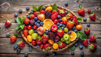 Colorful mix of fresh fruits and berries arranged in a decorative collage on a wooden table