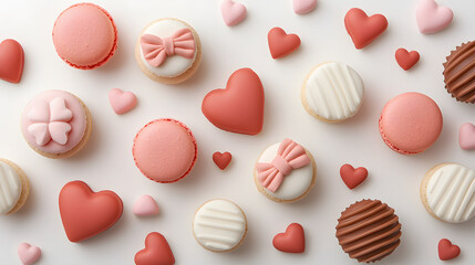 Obraz premium Whimsical 3D dessert display featuring colorful macarons, heart shaped treats, and decorative sweets, perfect for celebrations and special occasions