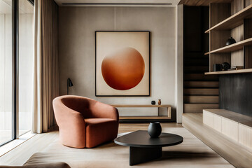 Modern Japandi Living Room with Coral Armchair and Minimalist Shelving
