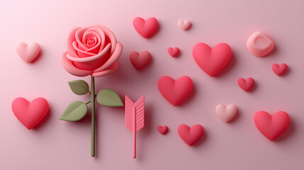 Obraz premium whimsical 3D representation of rose surrounded by various hearts, creating romantic atmosphere. Perfect for expressing love and affection in playful way