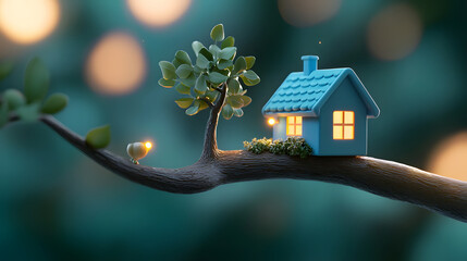 whimsical dollhouse perched on tree branch, surrounded by glowing lights and lush greenery, creates magical atmosphere. This enchanting scene evokes feelings of wonder and joy