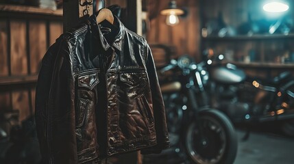Naklejka premium Vintage Leather Jacket Hanging in Cozy Motorcycle Garage Setting