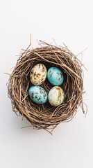 Obraz premium four easter eggs in a bird nest on a white background