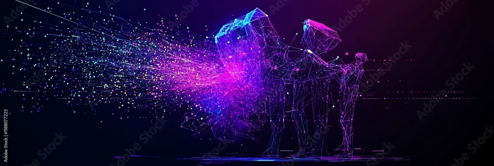Poster abstract figures emitting colorful particles.
