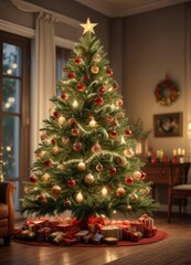 A beautifully decorated Christmas tree with ornaments and a warm glow, peaceful haven, tree