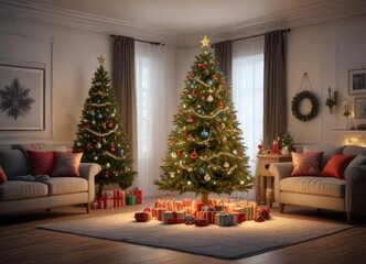 A beautifully decorated Christmas tree with ornaments and lights in a living room , Ornaments, Holiday season, Winter wonderland