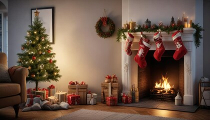 A beautifully decorated Christmas stocking hung by the chimney, frosty landscape, seasonal delight