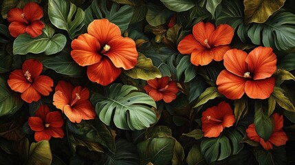 Red hibiscus flowers and green leaves in a dense tropical setting.