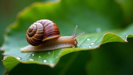 Close-up of a snail resting on a dew-covered leaf in a peaceful natural environment with warm light.