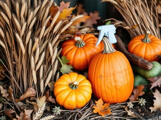 A beautiful autumn harvest pumpkin and wheat spray, rural, festive, rustic