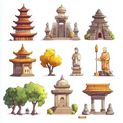 Obraz premium Asian Temple Architecture Game Assets Pagodas Statues Trees