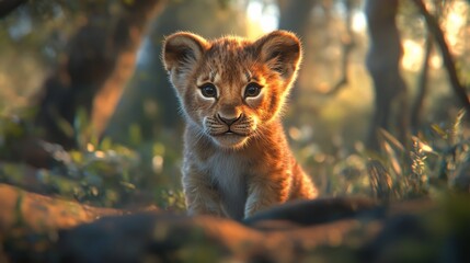 Fototapeta premium Adorable lion cub in golden sunlight, sitting amidst lush green foliage.