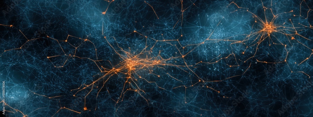 Poster a wide digital interface showing lines of glowing code, interconnected graphs