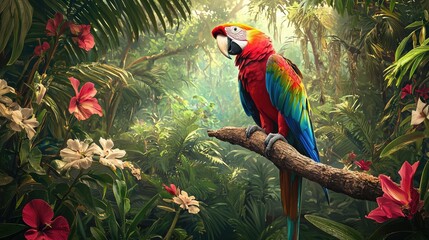 Vibrant Scarlet Macaw in Lush Tropical Jungle with Colorful Flowers