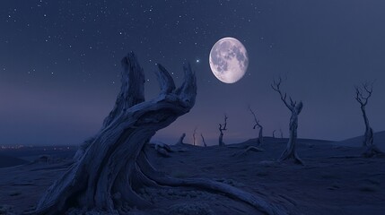 Night landscape with dead trees under a full moon and starry sky.