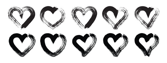 Set of grunge hearts. Design elements for Valentine's Day. Heart shapes. Isolated on white background. Vector illustration. 