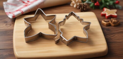 A holiday-themed cookie cutter on a wooden cutting board , seasonal kitchen tools, holiday cookie cutter