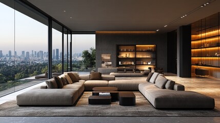 Modern living room overlooking city skyline at sunset.