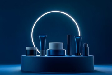 Stage podium with lighting, Stage Podium Scene with for Award Ceremony on blue Background, Vector illustration