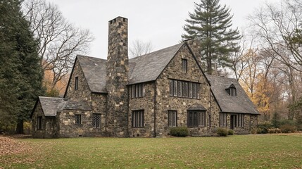 Stone house autumn landscape.
