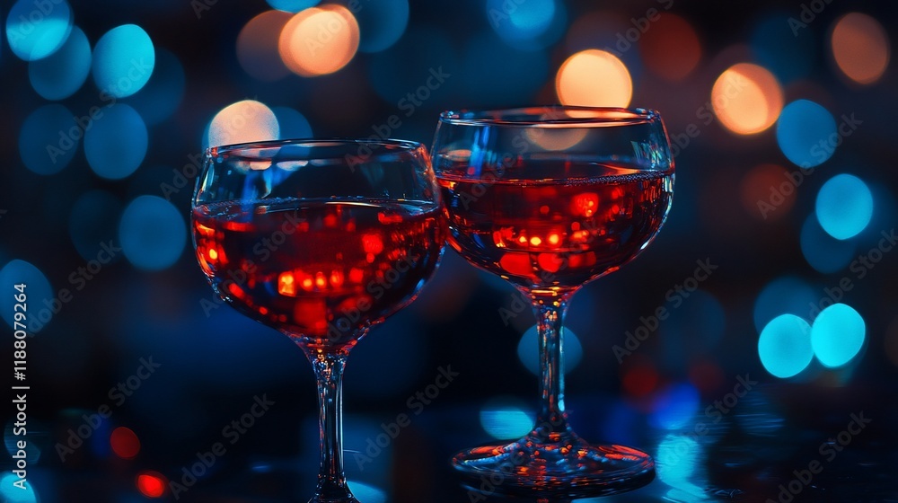 Poster two glasses of red wine on a dark surface with colorful bokeh lights in the background.