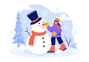 Vector Illustration of People Having Fun Outdoors Building a Snowman During Winter Activities in a Flat Style Cartoon Background