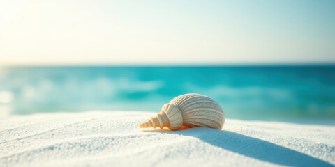 Obraz premium A Single Seashell Rests on Pristine White Sand, Backdropped by the Azure Waters of the Ocean