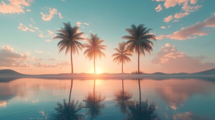 Tranquil Sunset Scene With Three Palm Trees On A Beach