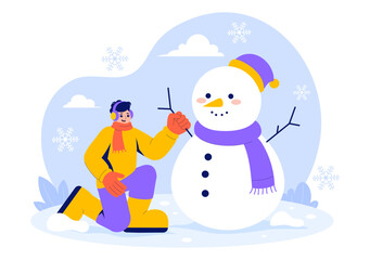 Vector Illustration of People Having Fun Outdoors Building a Snowman During Winter Activities in a Flat Style Cartoon Background
