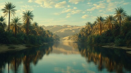 Serene Oasis River Valley Palm Trees Mountains Landscape