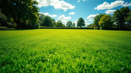 A close-up view of a lush green lawn with a row of trees in the background under a blue sky with puffy clouds.