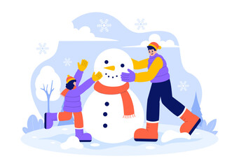 Vector Illustration of People Having Fun Outdoors Building a Snowman During Winter Activities in a Flat Style Cartoon Background
