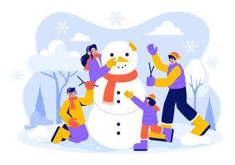 Vector Illustration of People Having Fun Outdoors Building a Snowman During Winter Activities in a Flat Style Cartoon Background