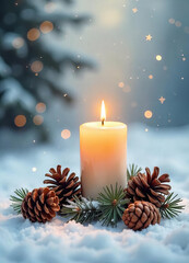 Magical Winter Candle with Pine Cones..