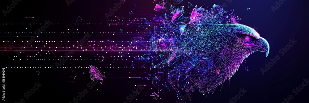 Poster abstract eagle head dissolving into digital particles.