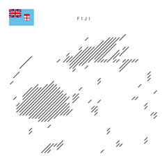 Fiji map from pattern of black slanted parallel lines. Fijian map with gray diagonal lines. Silhouette of a country made of oblique hatching. Vector illustration isolated on white.
