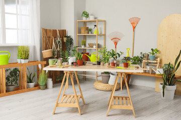 Interior of workshop with table, plants and gardening tools