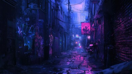 Neon Lights Illuminate a Dark Urban Alley at Night