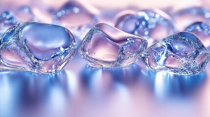 Close-up of translucent ice cubes with a cool, blue and purple hue, creating an abstract, geometric background texture